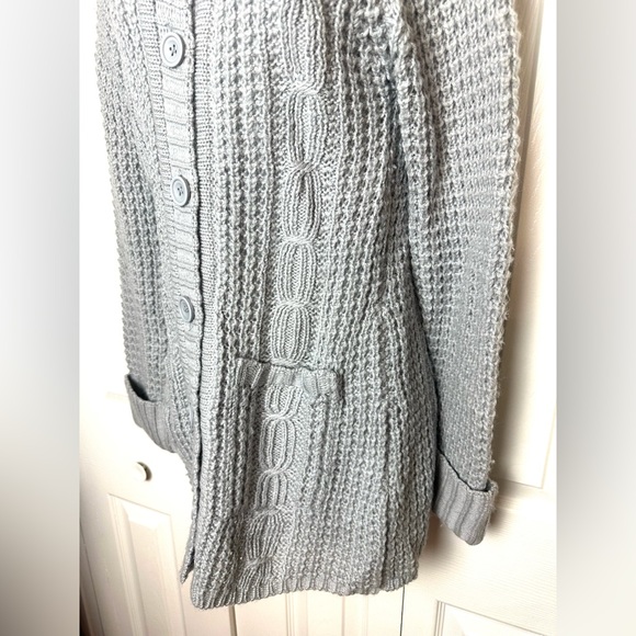 CAbi 346 100% Wool Cardigan Sweater Gray Chunky Cable Knit Pockets Long Length - Picture 6 of 8
